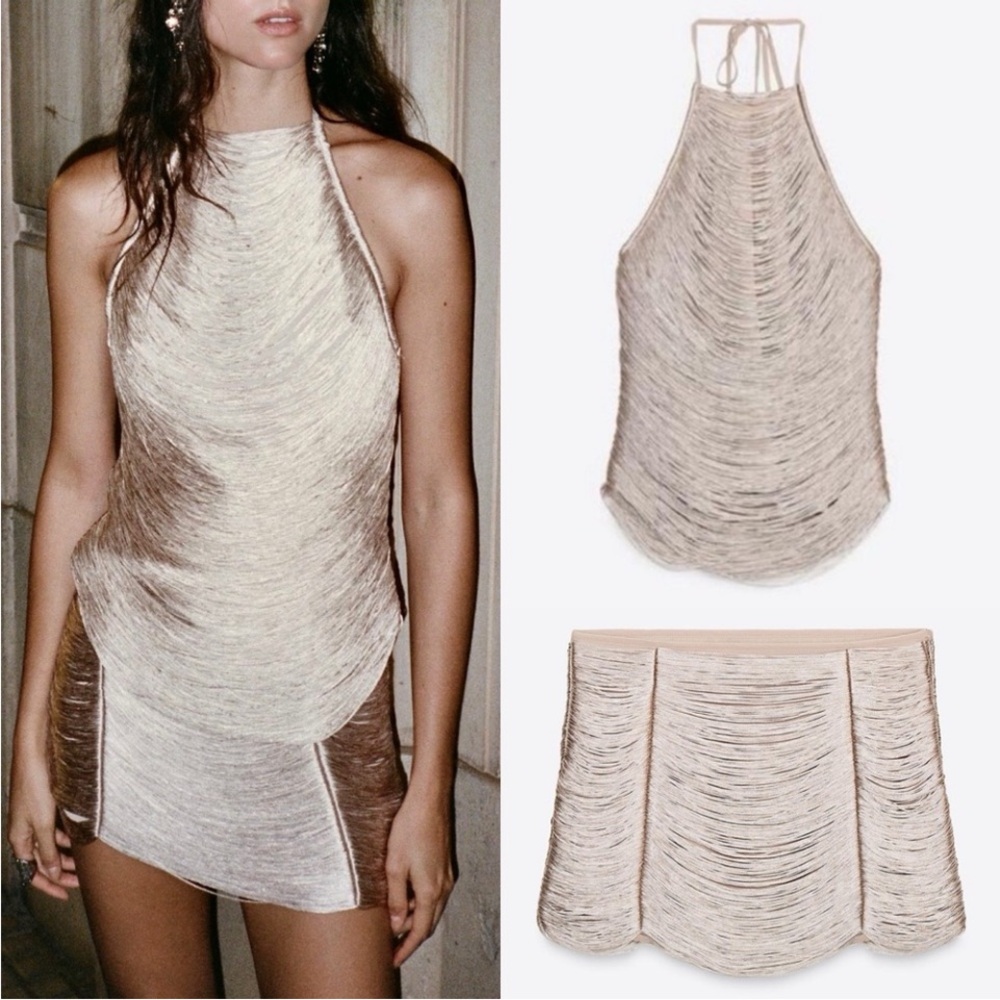 Zara NWT fringed halter top & fringed skirt matching 2 piece SET